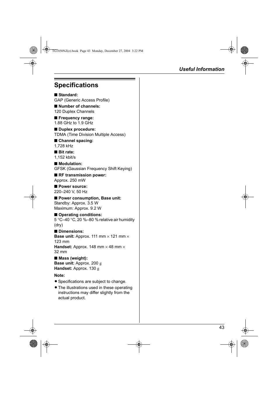 Specifications | Panasonic KX-TG1850NZ User Manual | Page 43 / 48