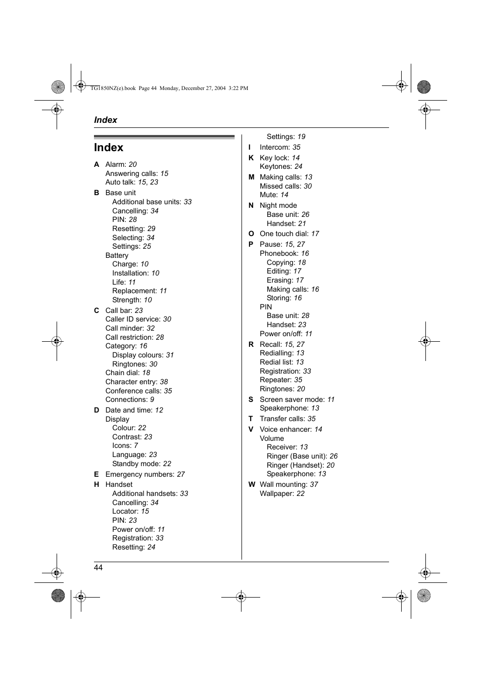 Index | Panasonic KX-TG1850NZ User Manual | Page 44 / 48