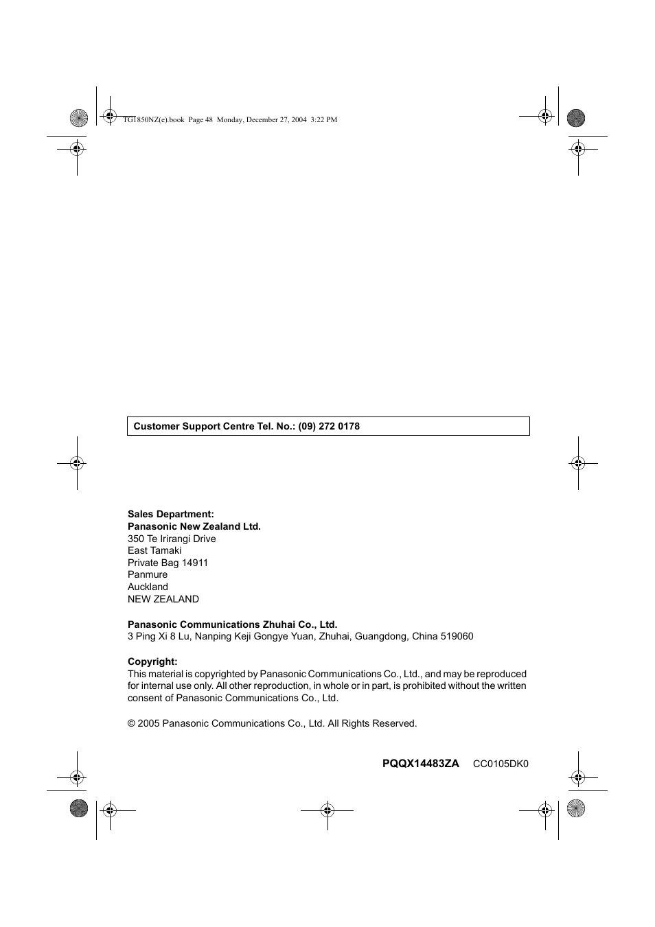 Panasonic KX-TG1850NZ User Manual | Page 48 / 48