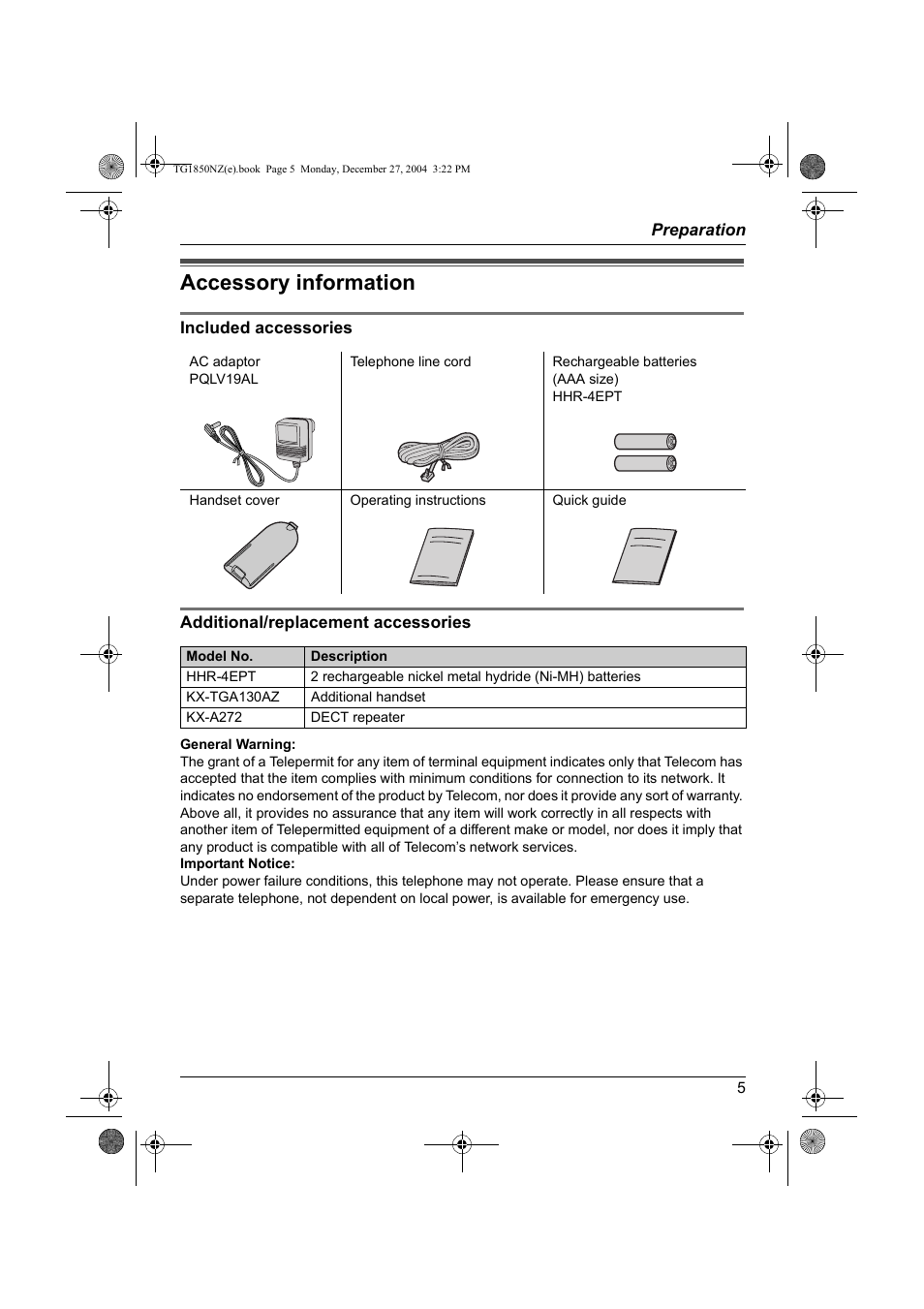 Preparation, Accessory information | Panasonic KX-TG1850NZ User Manual | Page 5 / 48