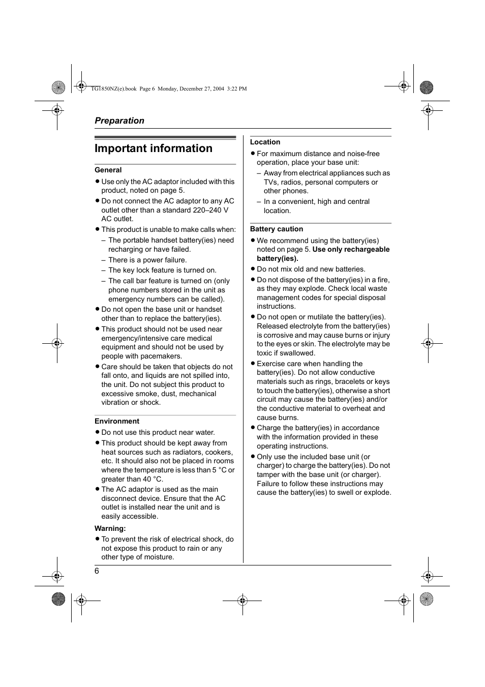 Important information | Panasonic KX-TG1850NZ User Manual | Page 6 / 48