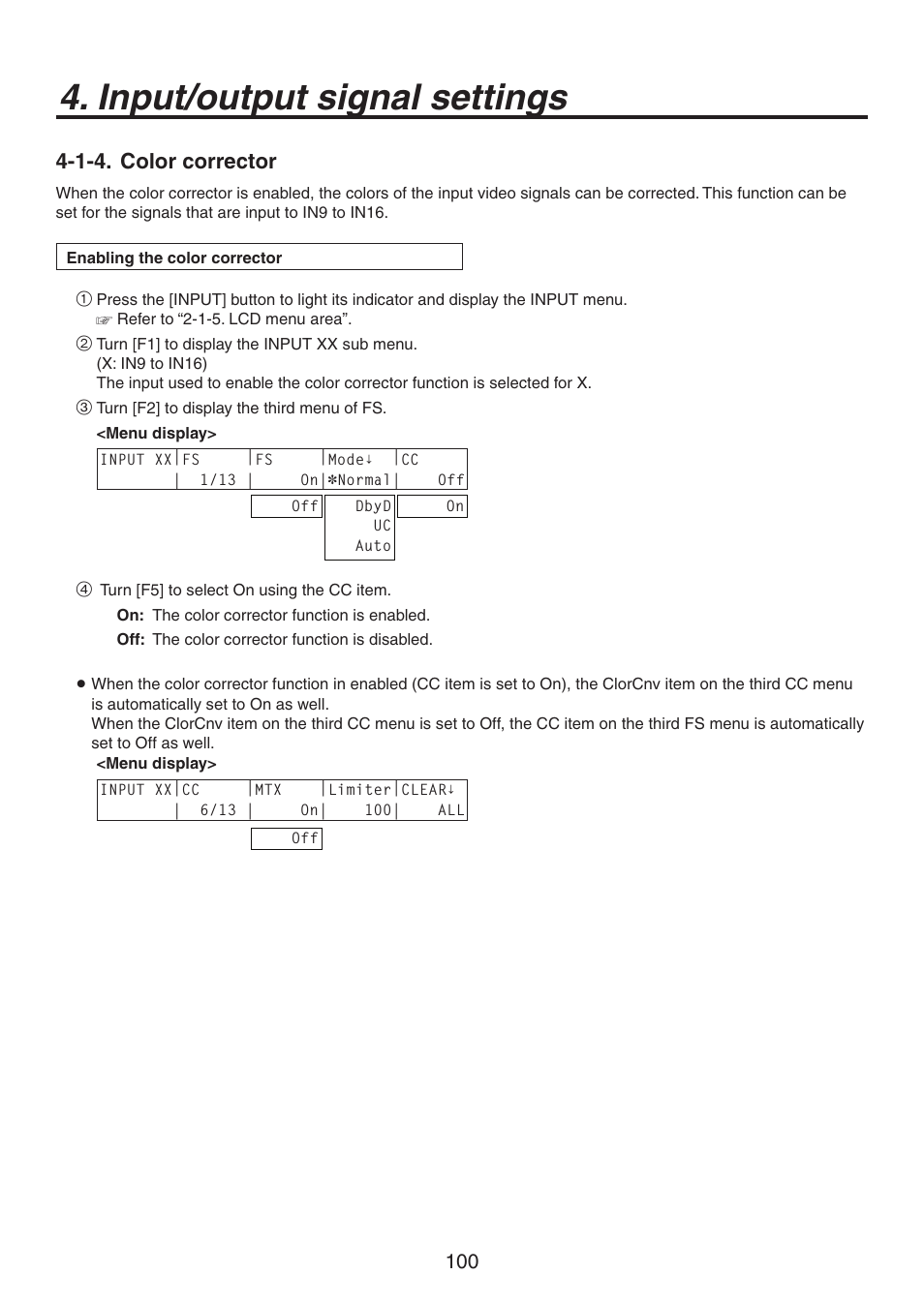 Input/output signal settings, 1-4. color corrector | Panasonic AV-HS450N User Manual | Page 100 / 190