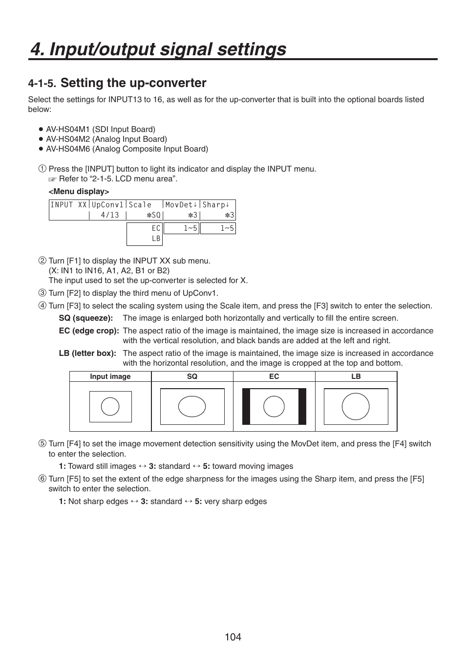 Input/output signal settings, Setting the up-converter | Panasonic AV-HS450N User Manual | Page 104 / 190