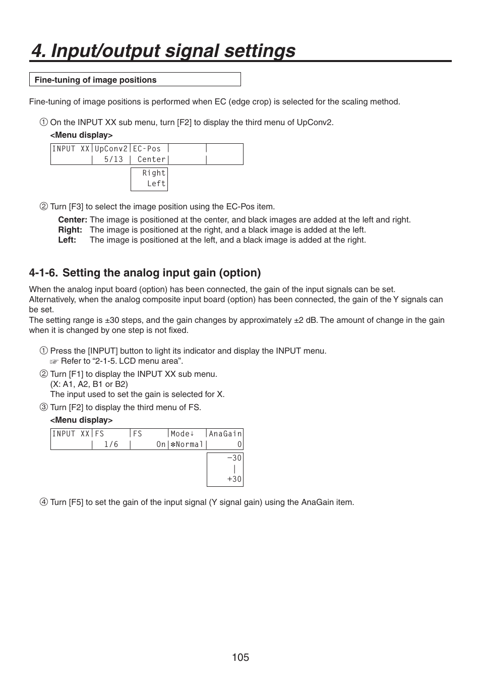 Input/output signal settings, 1-6. setting the analog input gain (option) | Panasonic AV-HS450N User Manual | Page 105 / 190