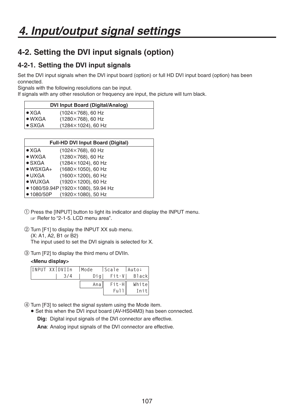 Input/output signal settings, 2. setting the dvi input signals (option), 2-1. setting the dvi input signals | Panasonic AV-HS450N User Manual | Page 107 / 190