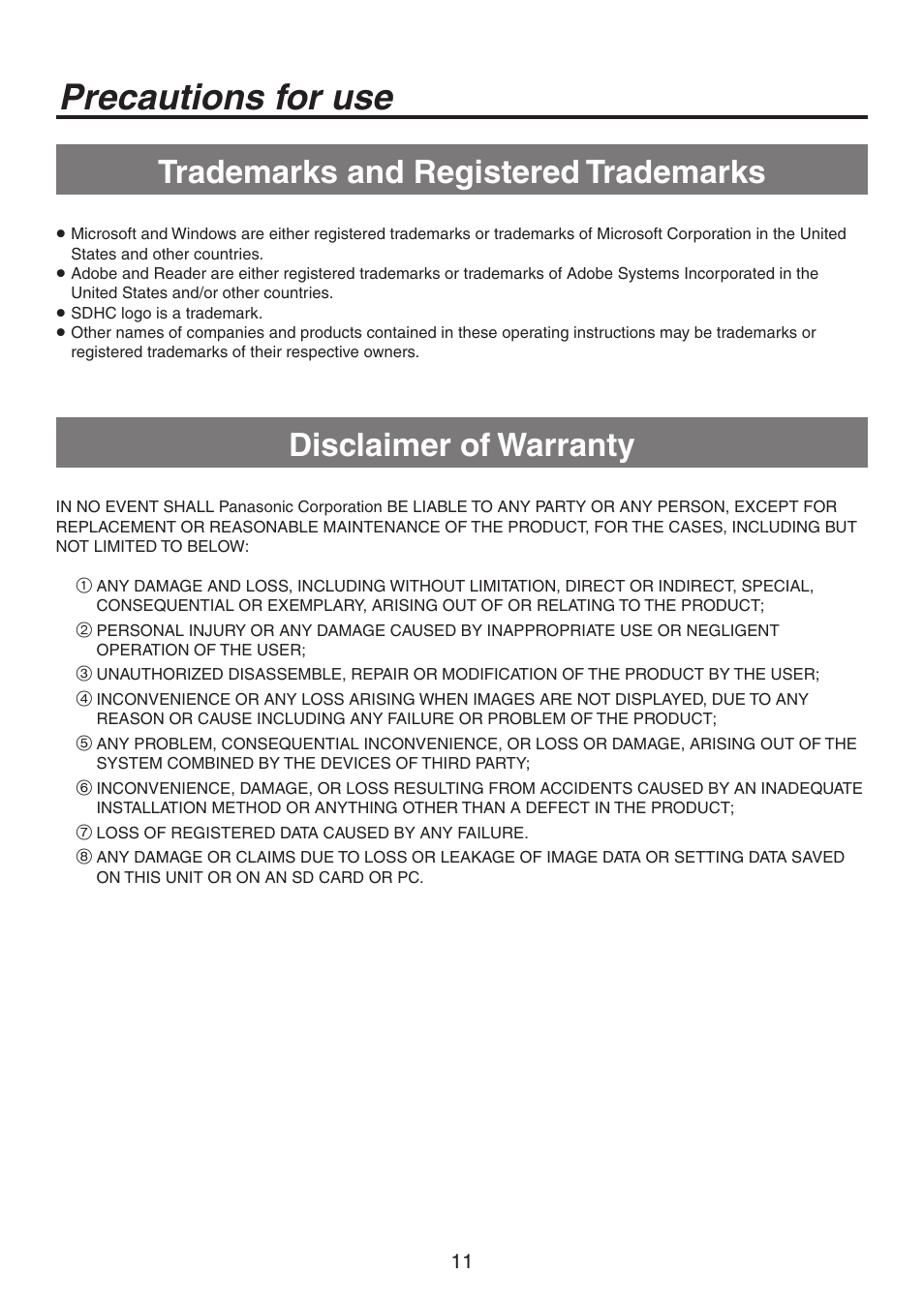 Precautions for use, Trademarks and registered trademarks, Disclaimer of warranty | Panasonic AV-HS450N User Manual | Page 11 / 190