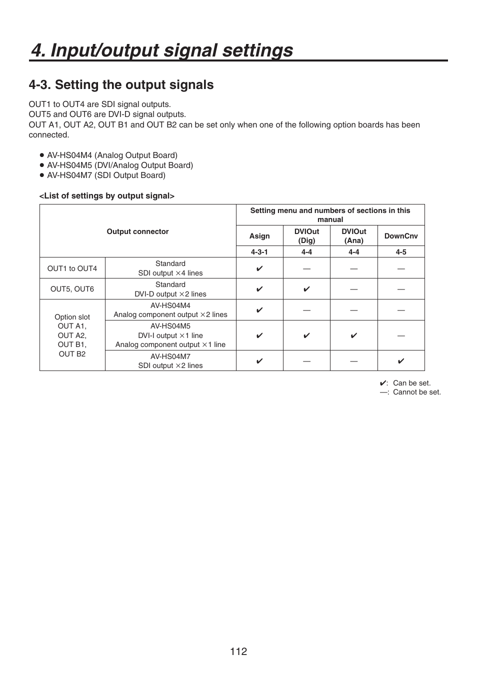 Input/output signal settings, 3. setting the output signals | Panasonic AV-HS450N User Manual | Page 112 / 190