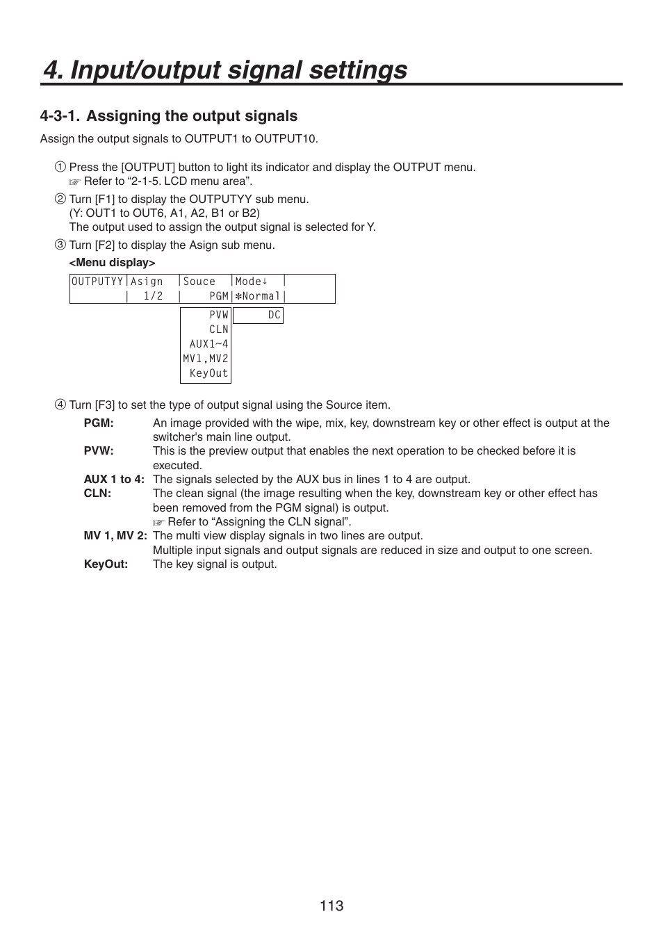 Input/output signal settings, 3-1. assigning the output signals | Panasonic AV-HS450N User Manual | Page 113 / 190