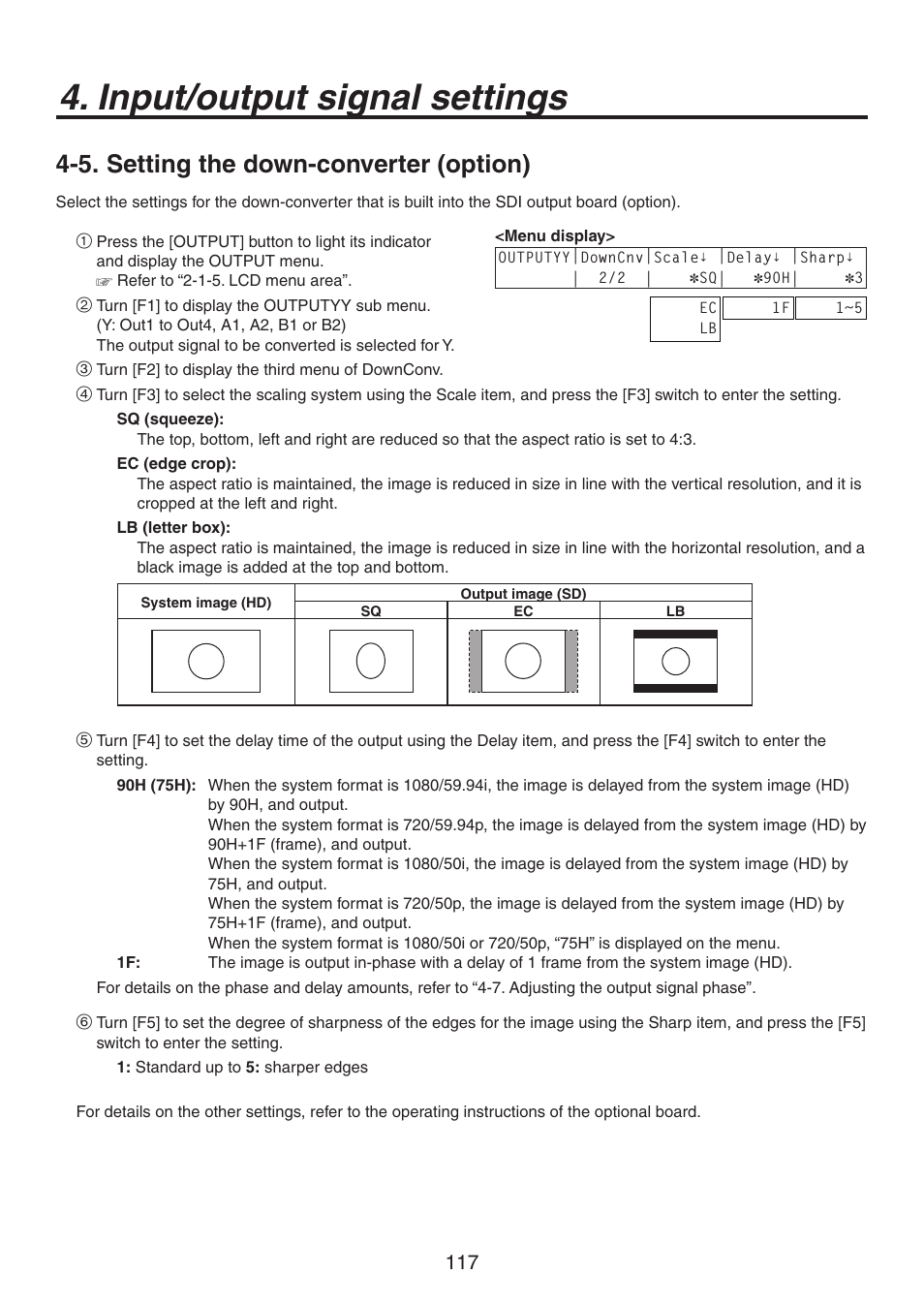 Input/output signal settings, 5. setting the down-converter (option) | Panasonic AV-HS450N User Manual | Page 117 / 190