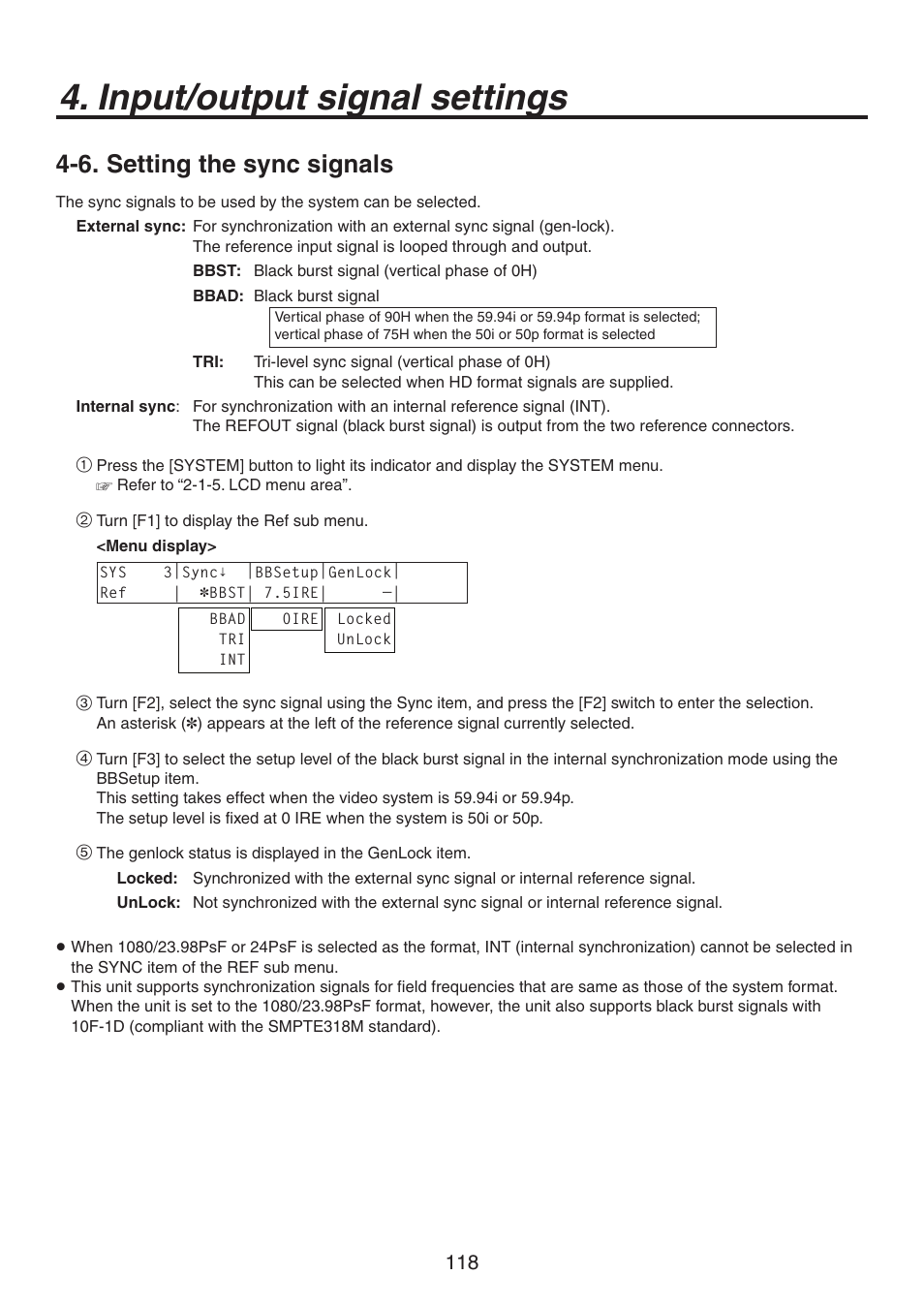 Input/output signal settings, 6. setting the sync signals | Panasonic AV-HS450N User Manual | Page 118 / 190