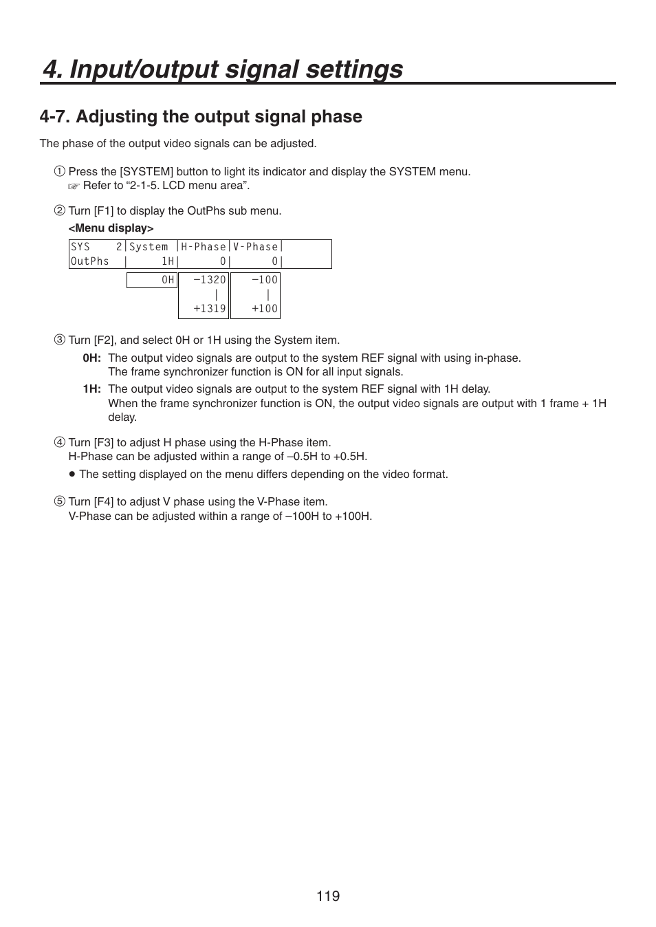 Input/output signal settings, 7. adjusting the output signal phase | Panasonic AV-HS450N User Manual | Page 119 / 190