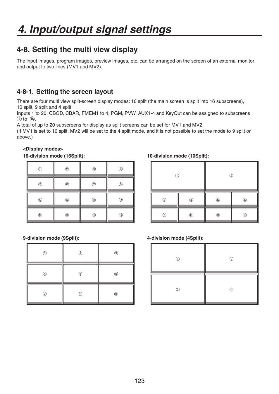 Input/output signal settings, 8. setting the multi view display, 8-1. setting the screen layout | Panasonic AV-HS450N User Manual | Page 123 / 190