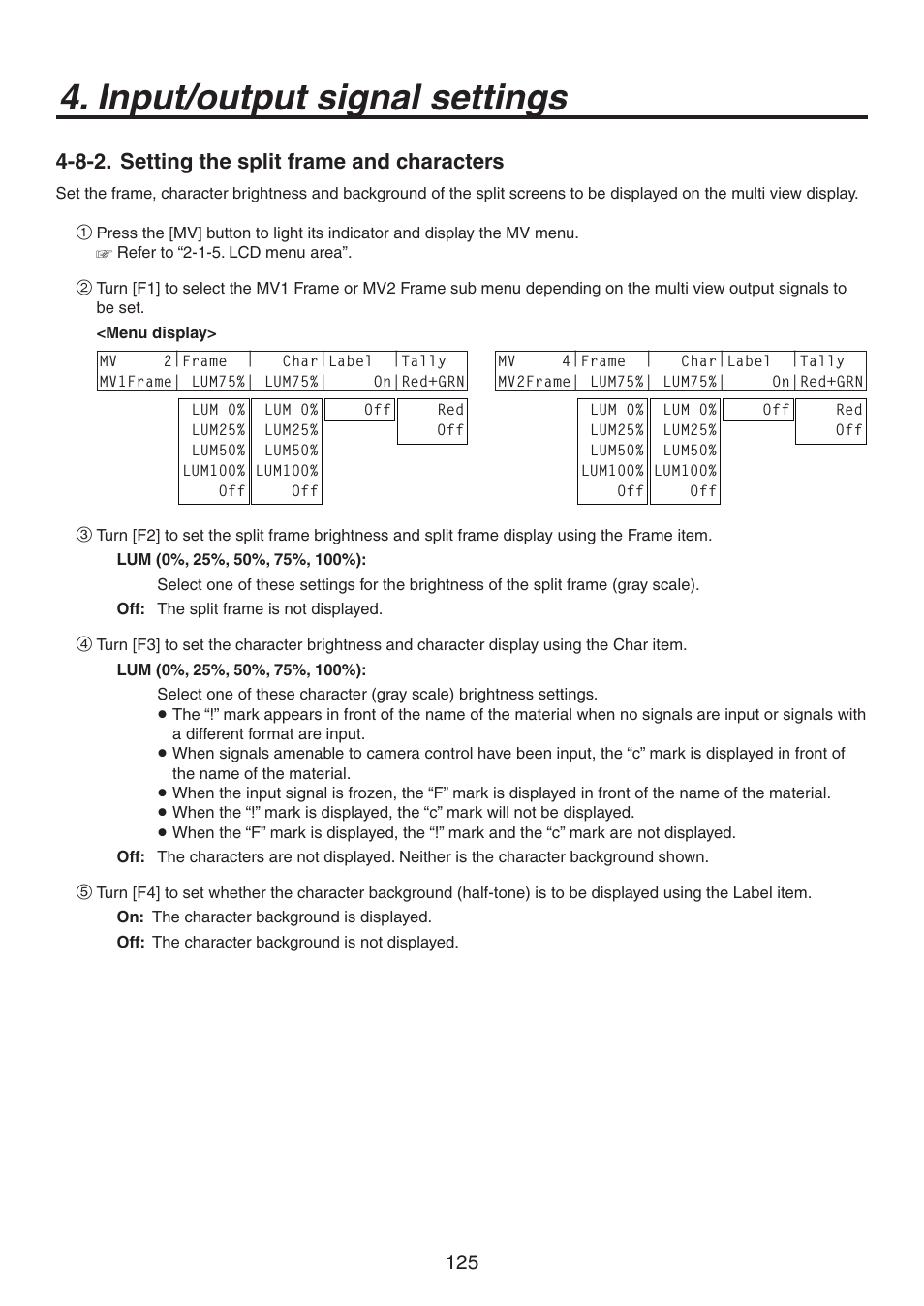 Input/output signal settings, 8-2. setting the split frame and characters | Panasonic AV-HS450N User Manual | Page 125 / 190