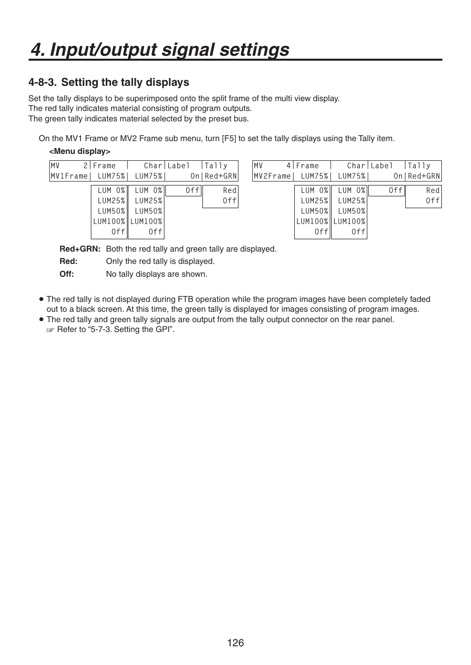 Input/output signal settings, 8-3. setting the tally displays | Panasonic AV-HS450N User Manual | Page 126 / 190