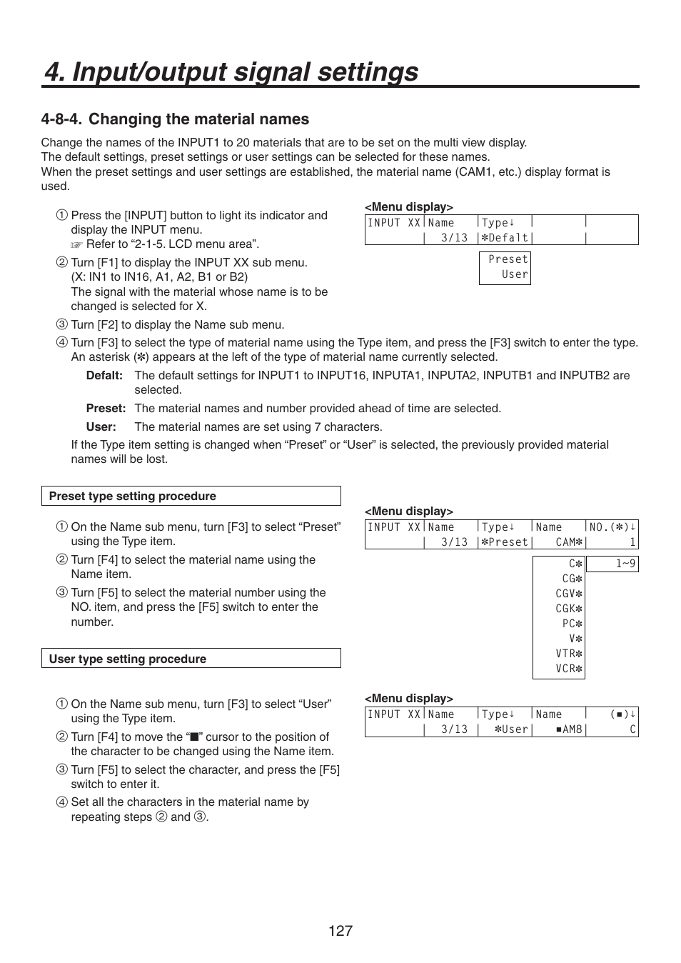 Input/output signal settings, 8-4. changing the material names | Panasonic AV-HS450N User Manual | Page 127 / 190