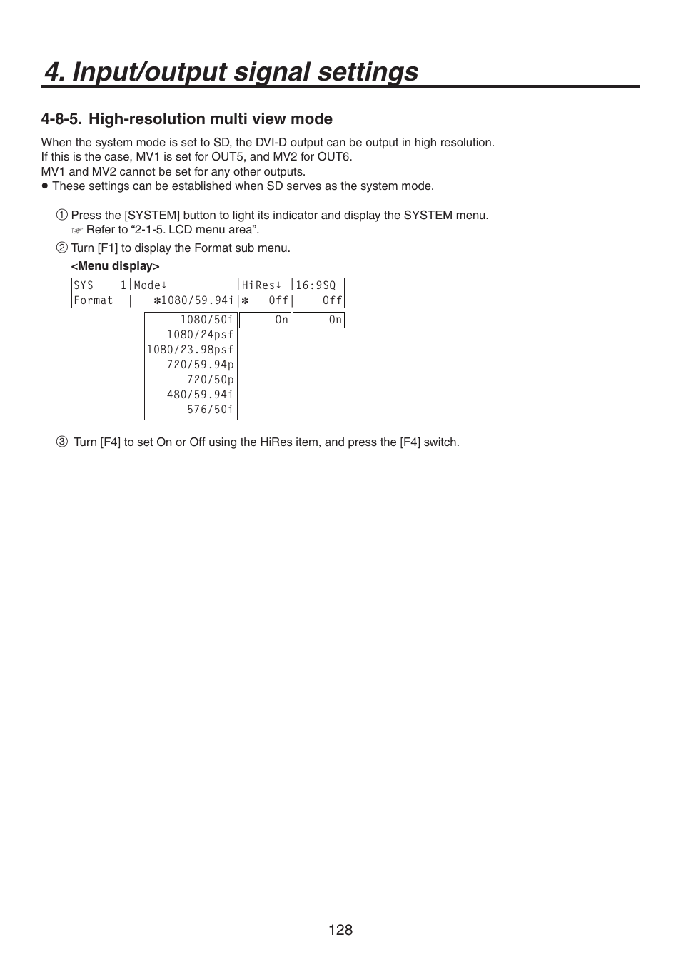 Input/output signal settings, 8-5. high-resolution multi view mode | Panasonic AV-HS450N User Manual | Page 128 / 190