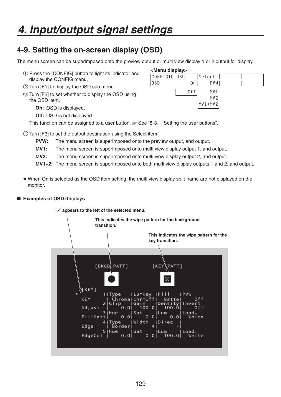 Input/output signal settings, 9. setting the on-screen display (osd) | Panasonic AV-HS450N User Manual | Page 129 / 190