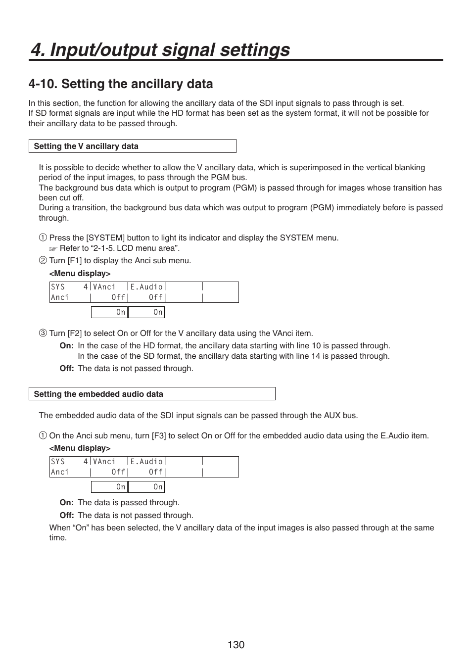 Input/output signal settings, 10. setting the ancillary data | Panasonic AV-HS450N User Manual | Page 130 / 190