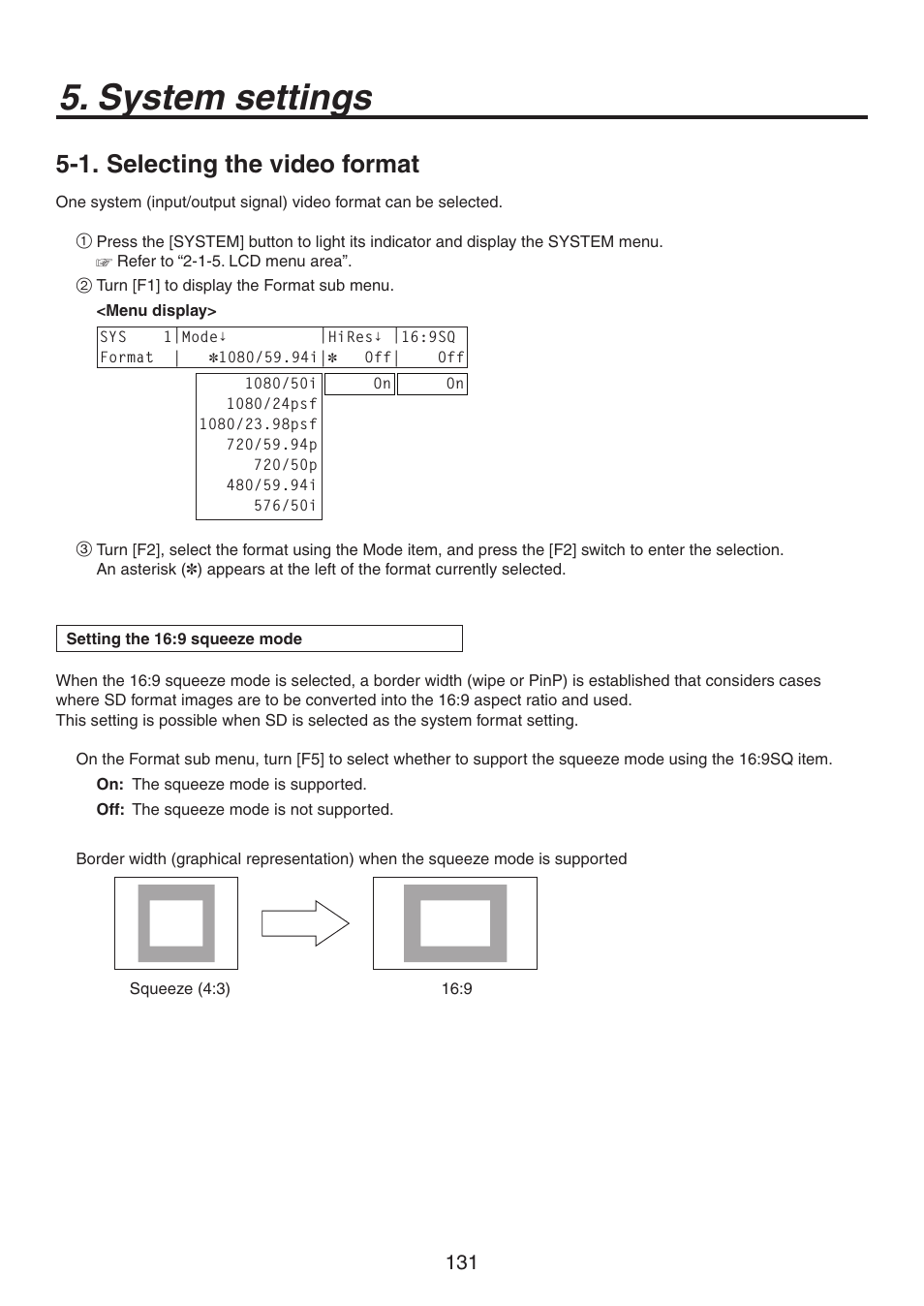 System settings, 1. selecting the video format | Panasonic AV-HS450N User Manual | Page 131 / 190