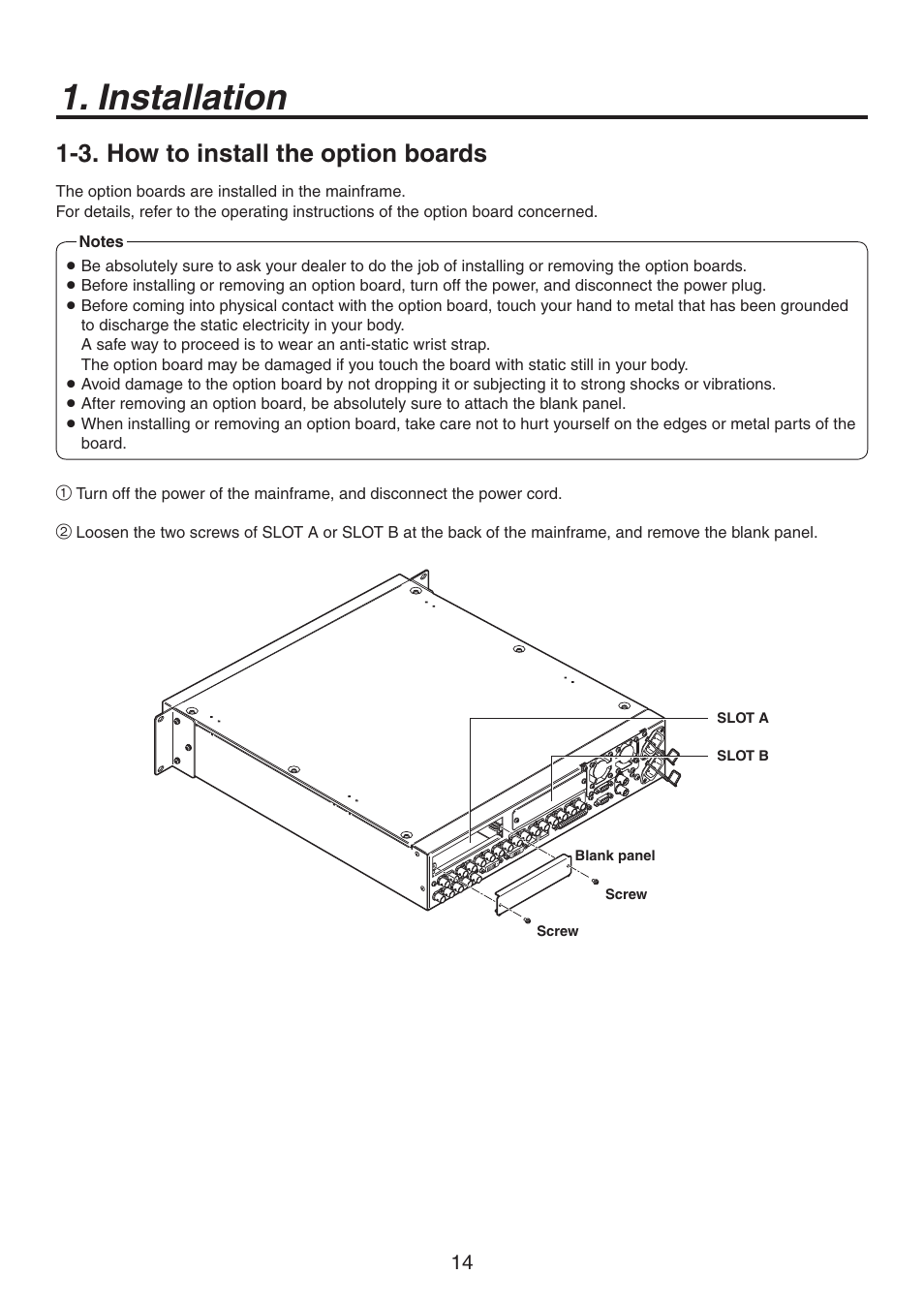 Installation, 3. how to install the option boards | Panasonic AV-HS450N User Manual | Page 14 / 190