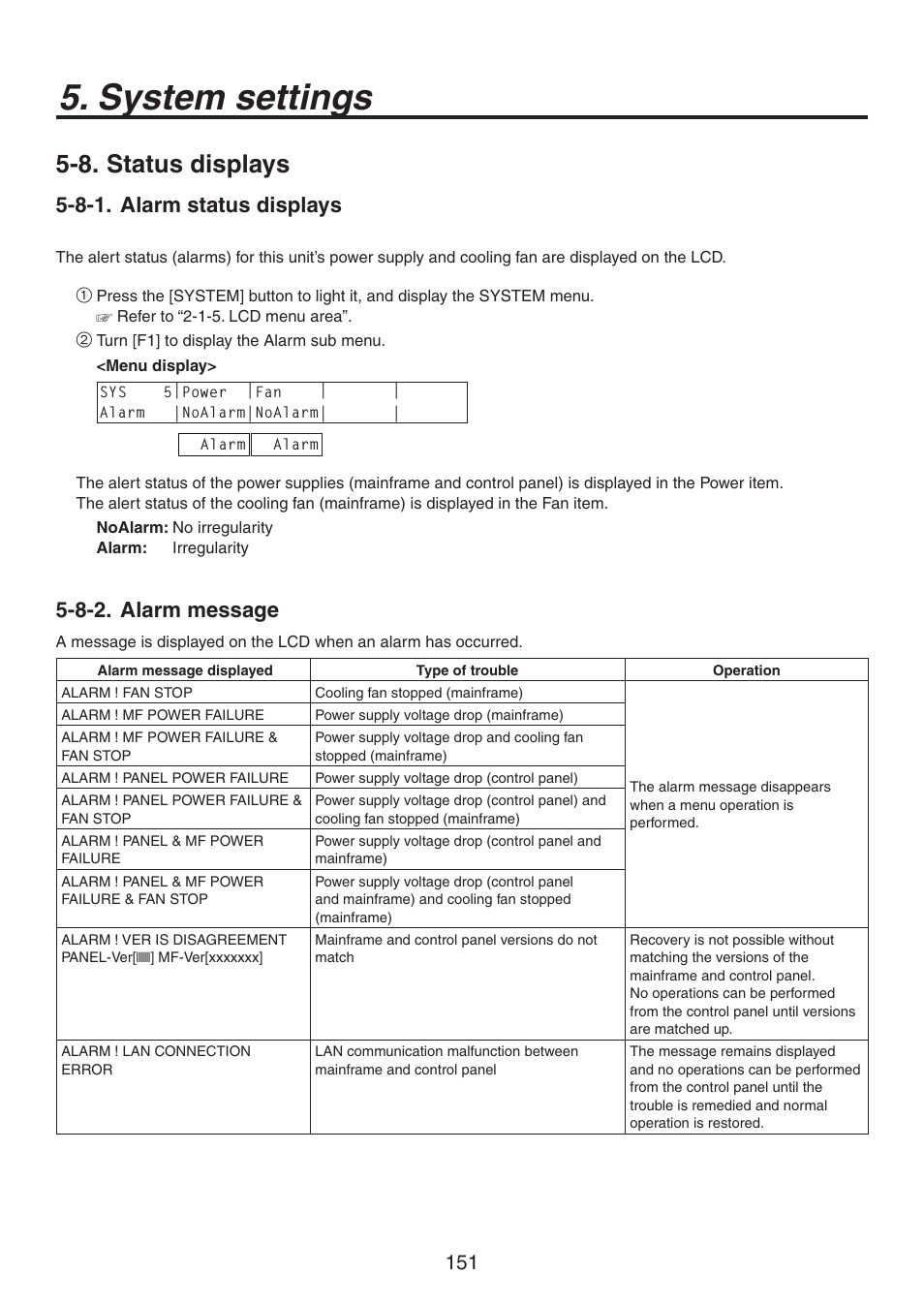 System settings, 8. status displays, 8-1. alarm status displays | 8-2. alarm message | Panasonic AV-HS450N User Manual | Page 151 / 190