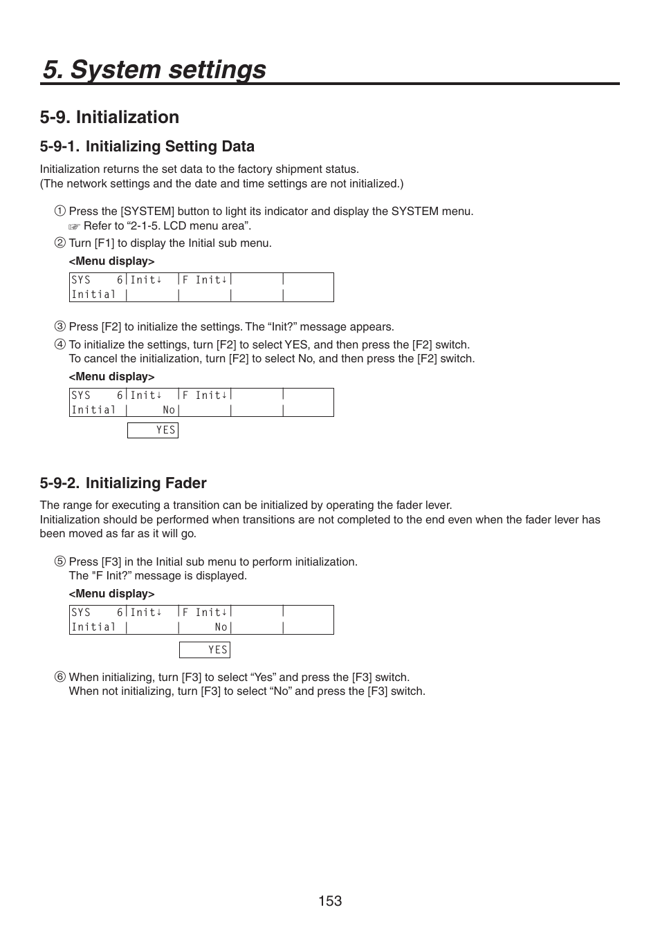 System settings, 9. initialization, 9-1. initializing setting data | 9-2. initializing fader | Panasonic AV-HS450N User Manual | Page 153 / 190