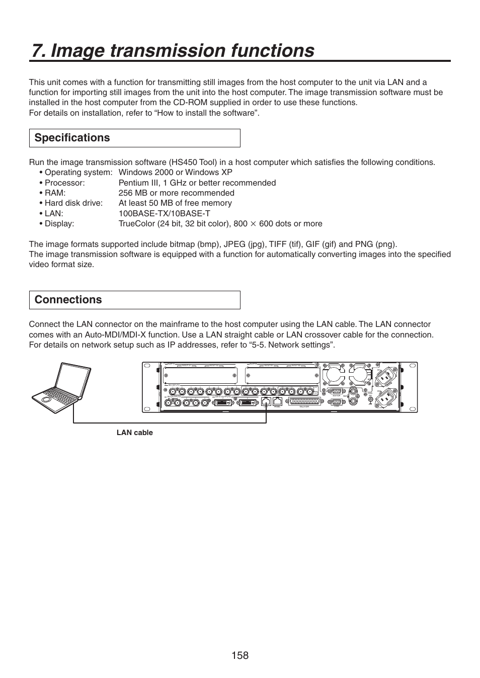 Image transmission functions, Specifications, Connections | Lan cable | Panasonic AV-HS450N User Manual | Page 158 / 190