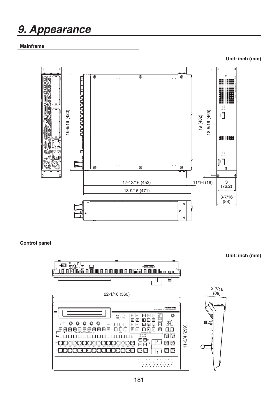 Appearance, Mainframe unit: inch (mm), Control panel unit: inch (mm) | Panasonic AV-HS450N User Manual | Page 181 / 190