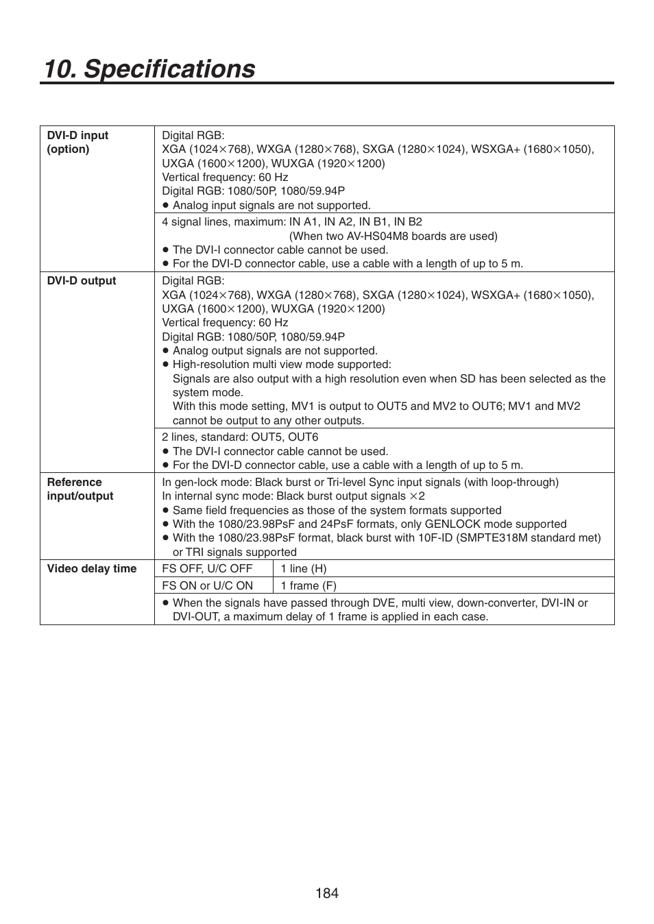 Specifications | Panasonic AV-HS450N User Manual | Page 184 / 190