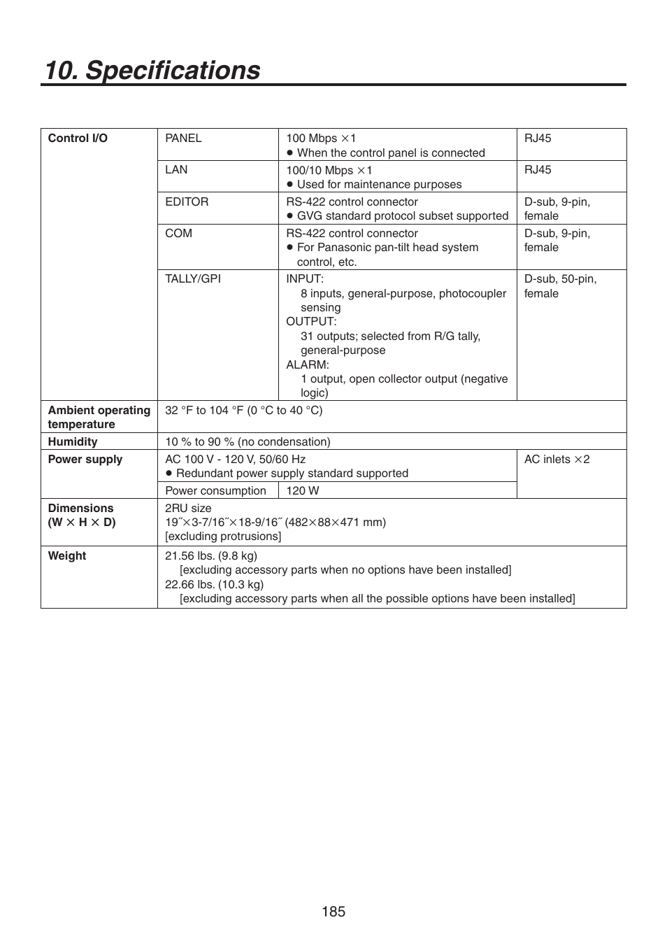 Specifications | Panasonic AV-HS450N User Manual | Page 185 / 190