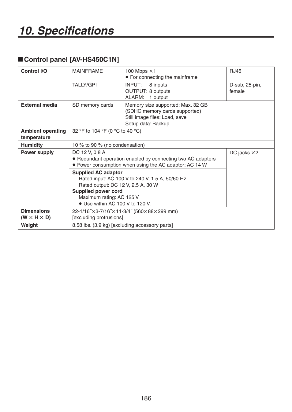 Specifications, Control panel [av-hs450c1n | Panasonic AV-HS450N User Manual | Page 186 / 190