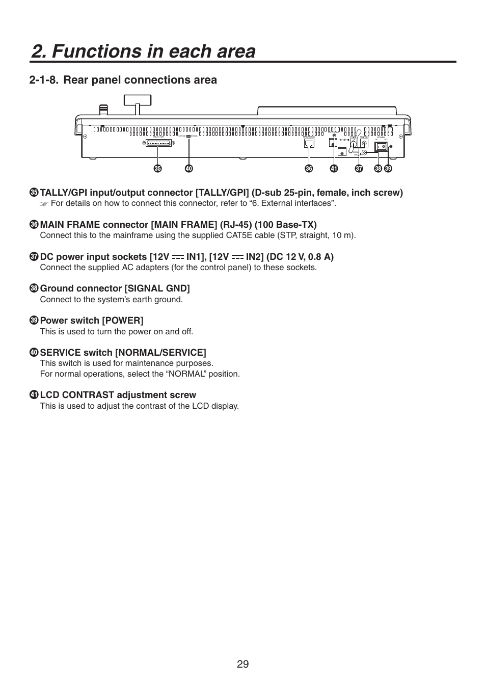 Functions in each area, 1-8. rear panel connections area, Ground connector [signal gnd | Power switch [power, Service switch [normal/service, Lcd contrast adjustment screw | Panasonic AV-HS450N User Manual | Page 29 / 190