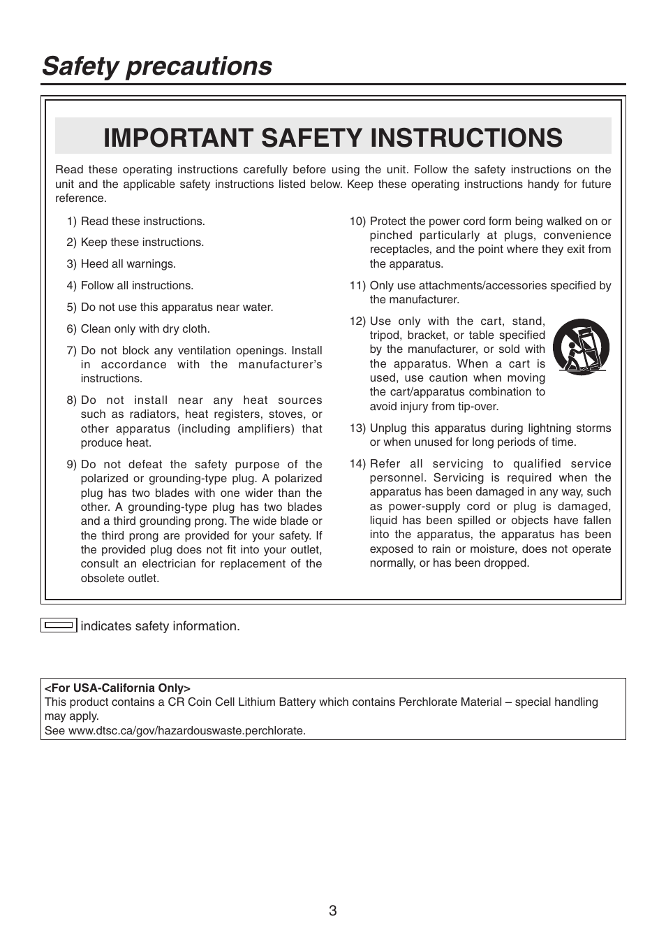 Safety precautions, Important safety instructions | Panasonic AV-HS450N User Manual | Page 3 / 190