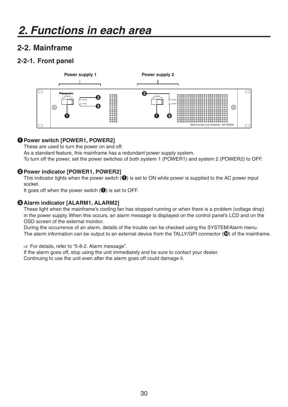 Functions in each area, 2. mainframe, 2-1. front panel | Power switch [power1, power2, Power indicator [power1, power2, Alarm indicator [alarm1, alarm2 | Panasonic AV-HS450N User Manual | Page 30 / 190