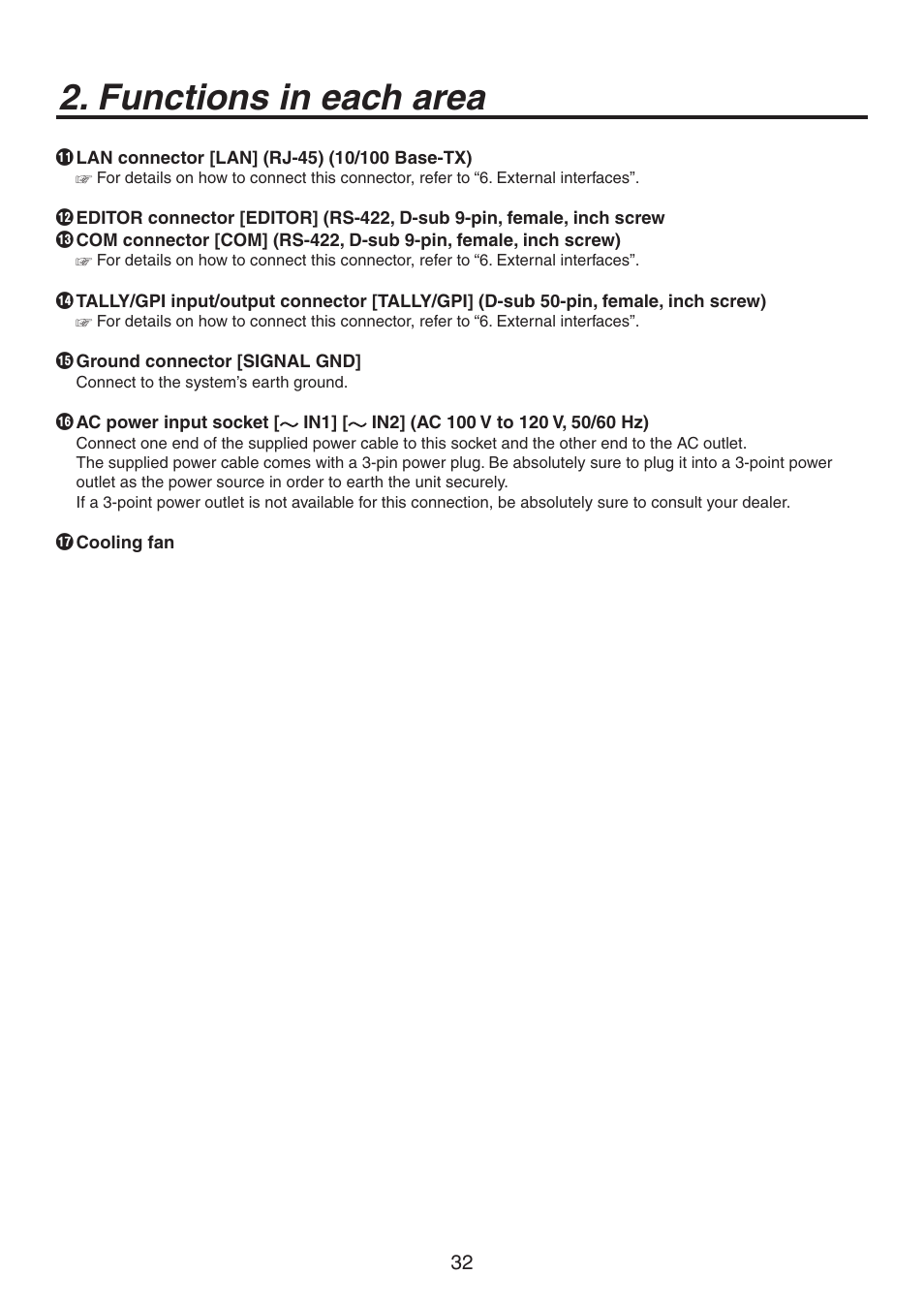 Functions in each area | Panasonic AV-HS450N User Manual | Page 32 / 190