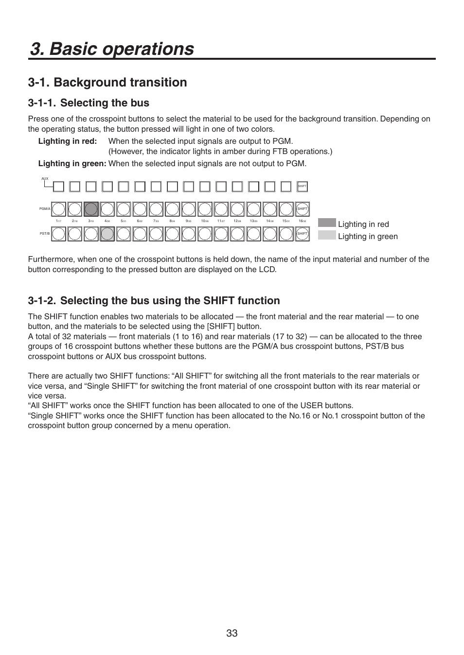 Basic operations, 1. background transition, 1-1. selecting the bus | 1-2. selecting the bus using the shift function | Panasonic AV-HS450N User Manual | Page 33 / 190