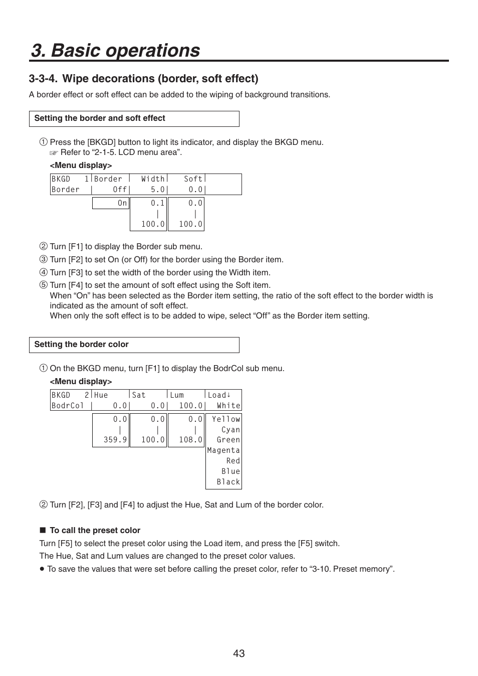 Basic operations, 3-4. wipe decorations (border, soft effect) | Panasonic AV-HS450N User Manual | Page 43 / 190