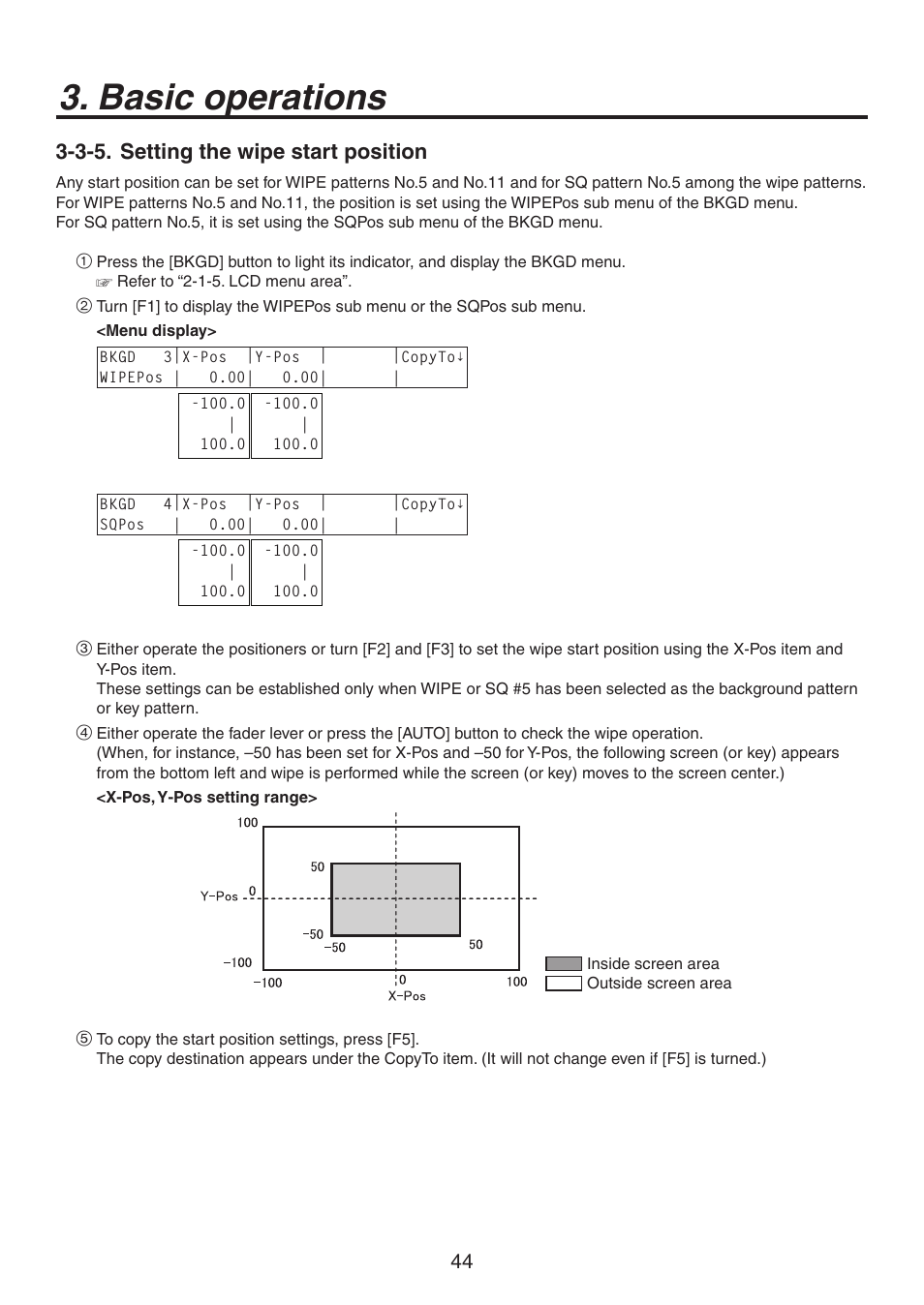 Basic operations, 3-5. setting the wipe start position | Panasonic AV-HS450N User Manual | Page 44 / 190