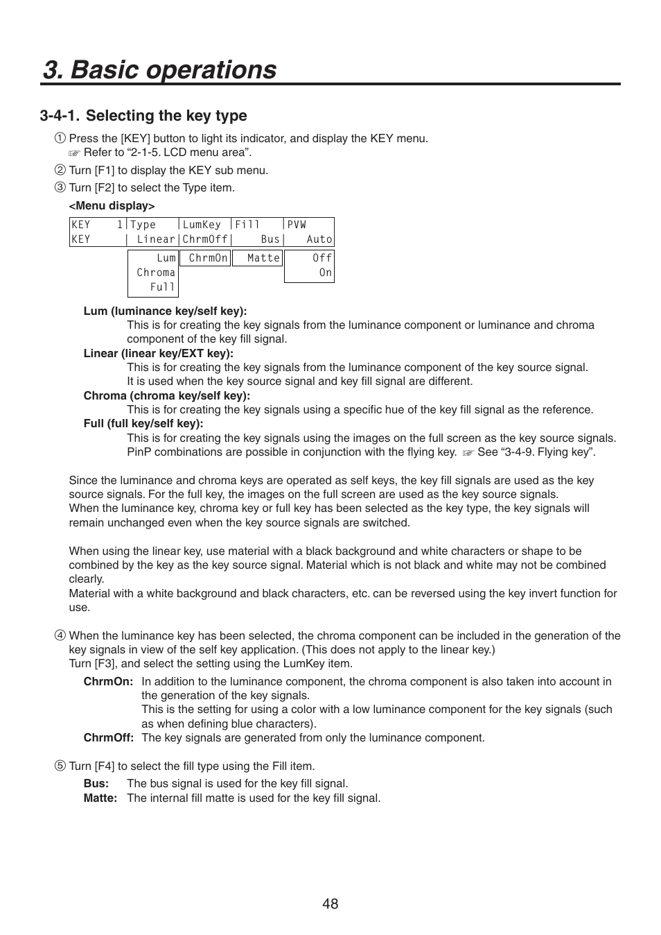 Basic operations, 4-1. selecting the key type | Panasonic AV-HS450N User Manual | Page 48 / 190