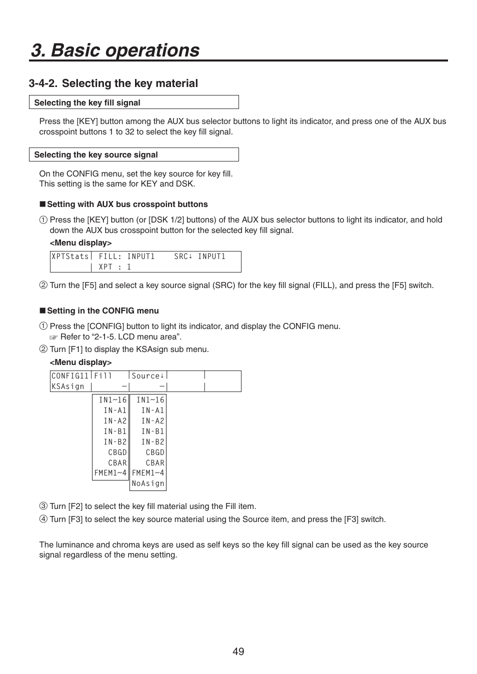 Basic operations, 4-2. selecting the key material | Panasonic AV-HS450N User Manual | Page 49 / 190