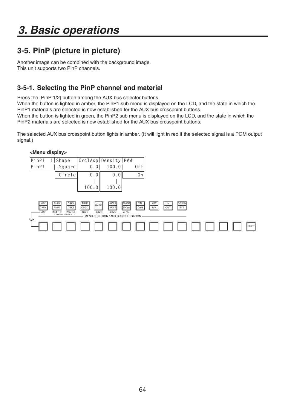 Basic operations, 5. pinp (picture in picture), 5-1. selecting the pinp channel and material | Panasonic AV-HS450N User Manual | Page 64 / 190