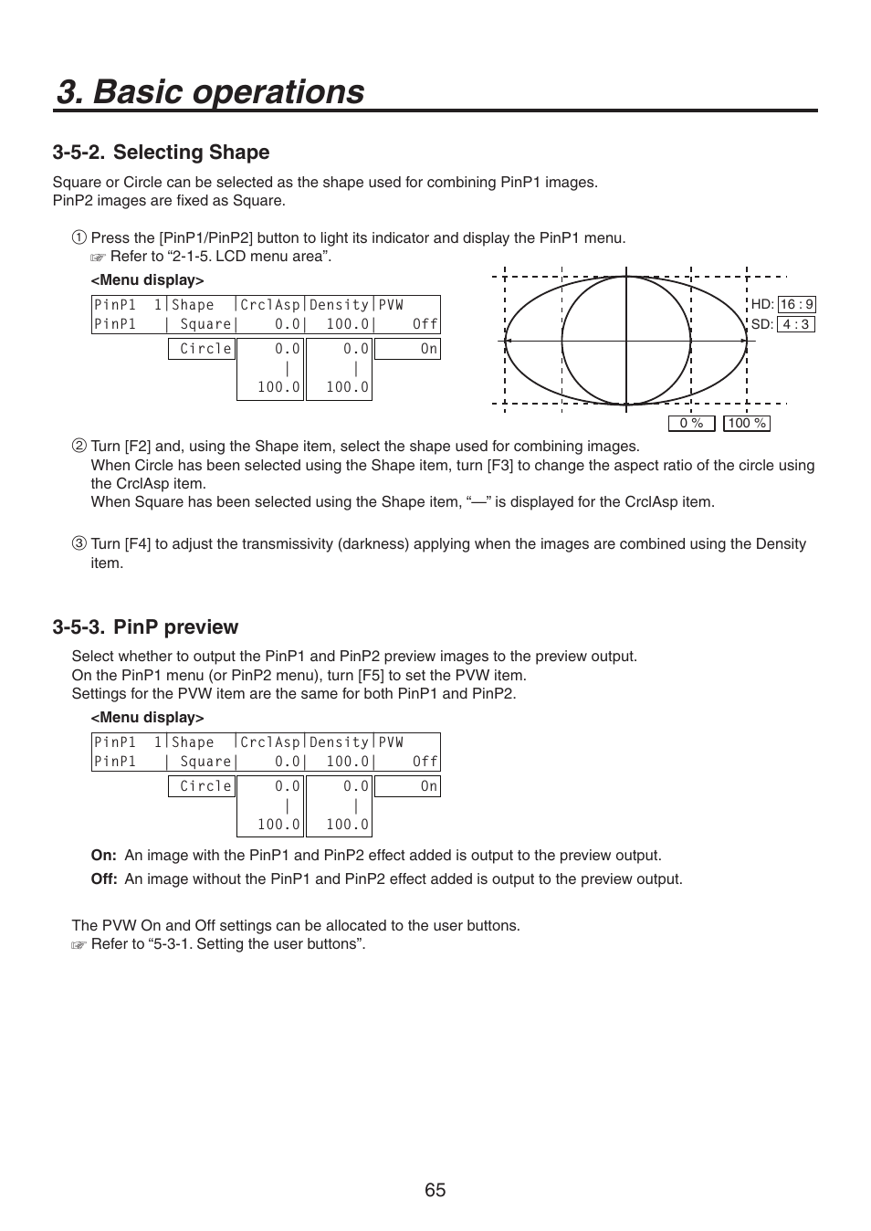 Basic operations, 5-2. selecting shape, 5-3. pinp preview | Panasonic AV-HS450N User Manual | Page 65 / 190