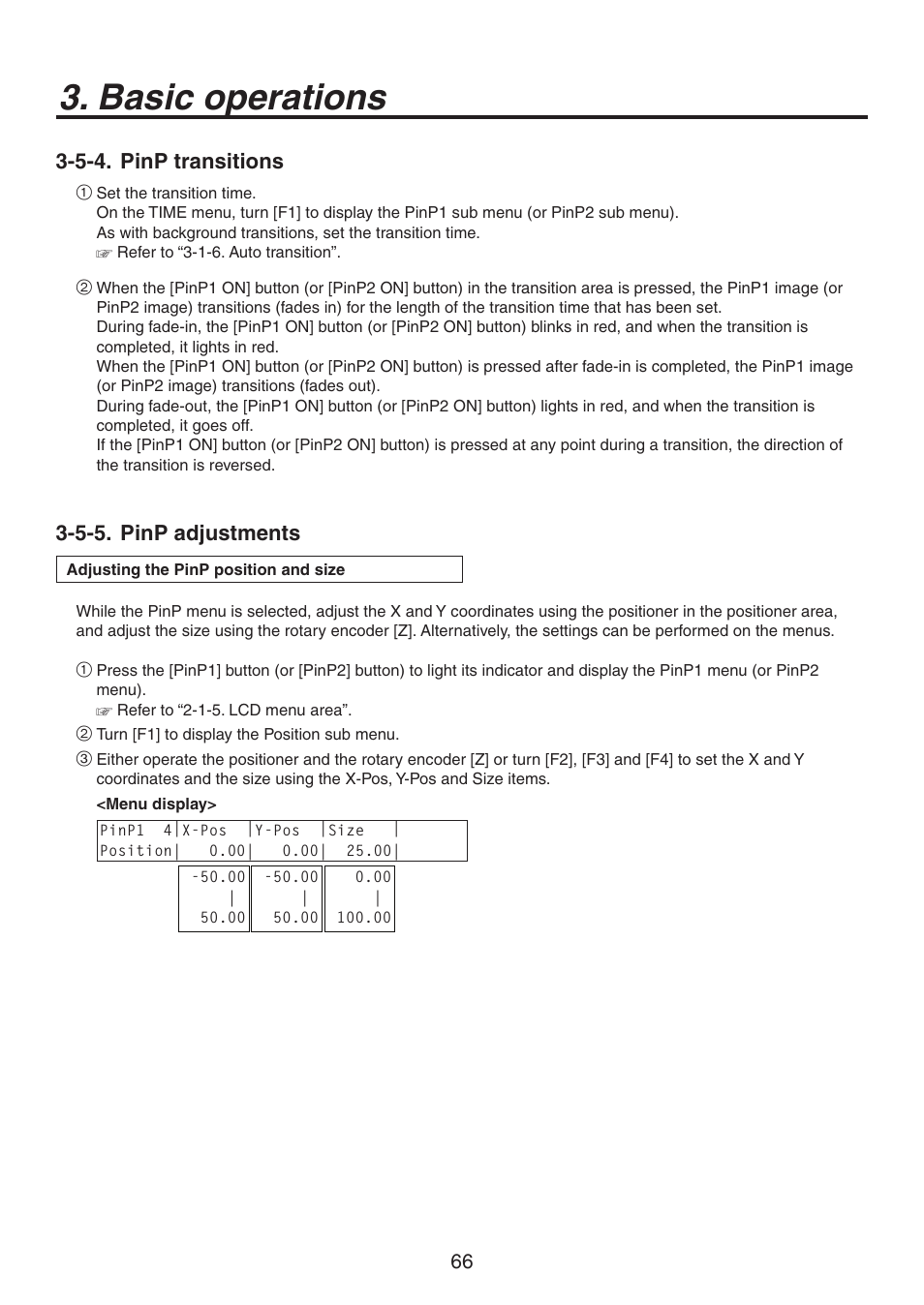 Basic operations, 5-4. pinp transitions, 5-5. pinp adjustments | Panasonic AV-HS450N User Manual | Page 66 / 190