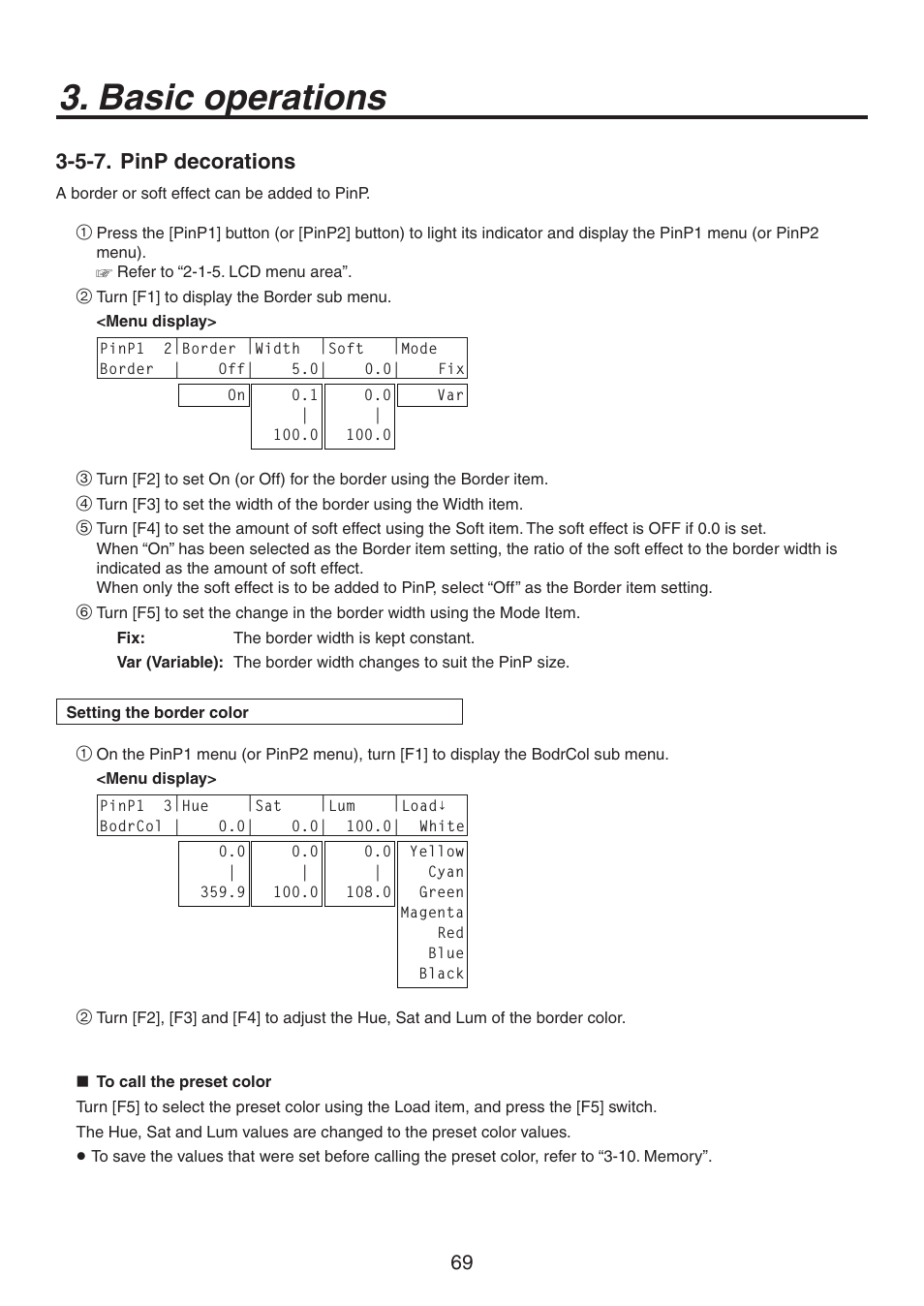 Basic operations, 5-7. pinp decorations | Panasonic AV-HS450N User Manual | Page 69 / 190