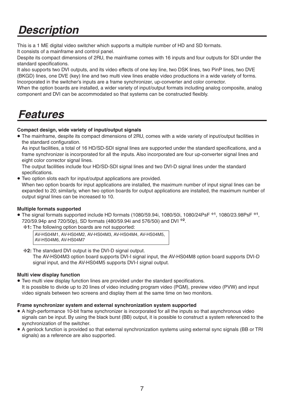 Description, Features | Panasonic AV-HS450N User Manual | Page 7 / 190