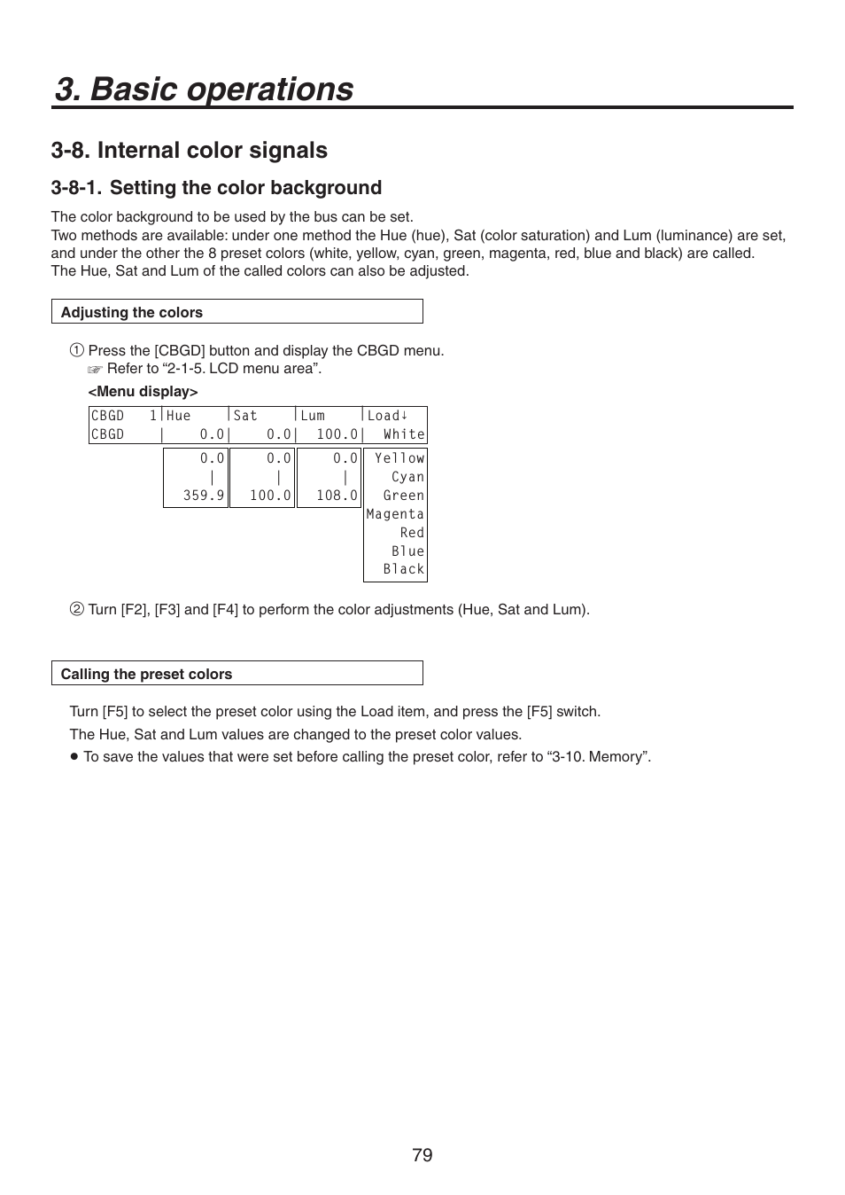 Basic operations, 8. internal color signals, 8-1. setting the color background | Panasonic AV-HS450N User Manual | Page 79 / 190