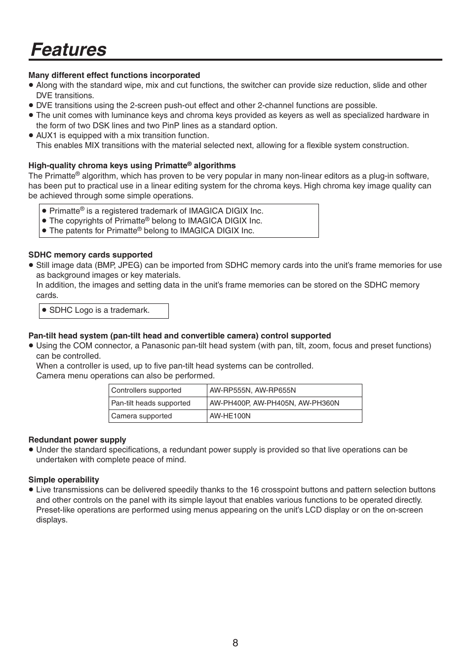 Features | Panasonic AV-HS450N User Manual | Page 8 / 190