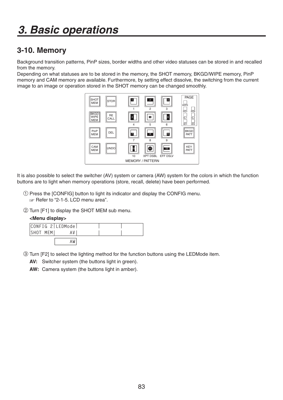 Basic operations, Config 2|ledmode| | | shot mem| av| | | aw | Panasonic AV-HS450N User Manual | Page 83 / 190