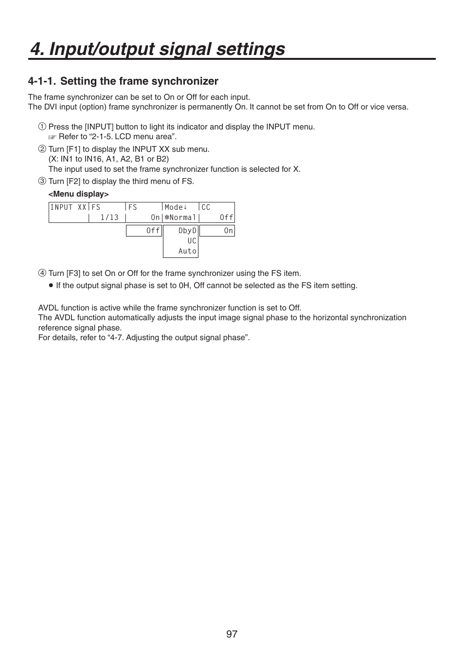 Input/output signal settings, 1-1. setting the frame synchronizer | Panasonic AV-HS450N User Manual | Page 97 / 190