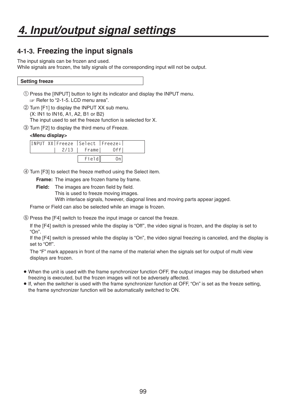 Input/output signal settings, Freezing the input signals | Panasonic AV-HS450N User Manual | Page 99 / 190